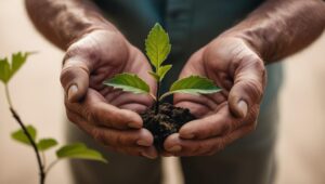 Hands holding a growing plant, representing nurturing emotional healing and growth for new beginnings.