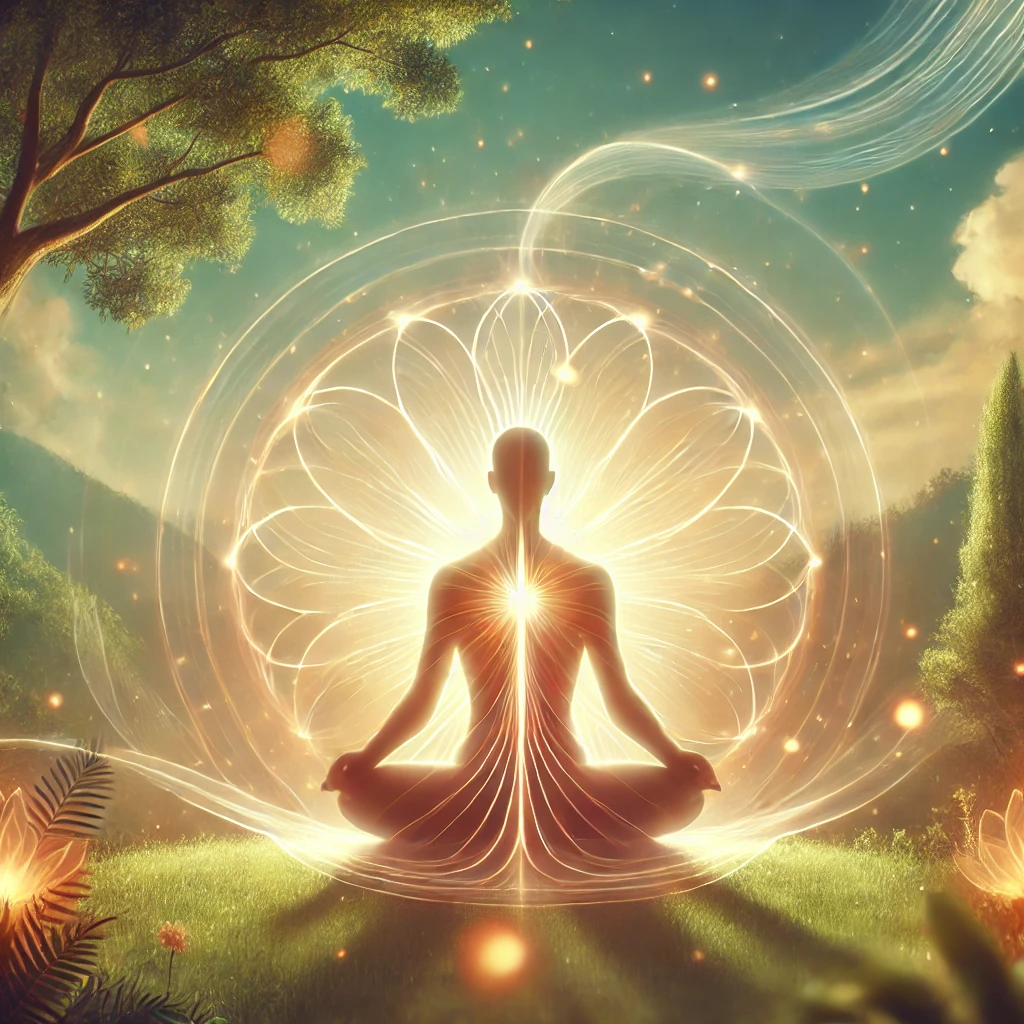 Serene illustration of somatic healing featuring a person meditating in nature, surrounded by glowing energy. This peaceful scene represents mind-body connection, emotional release, and holistic healing.