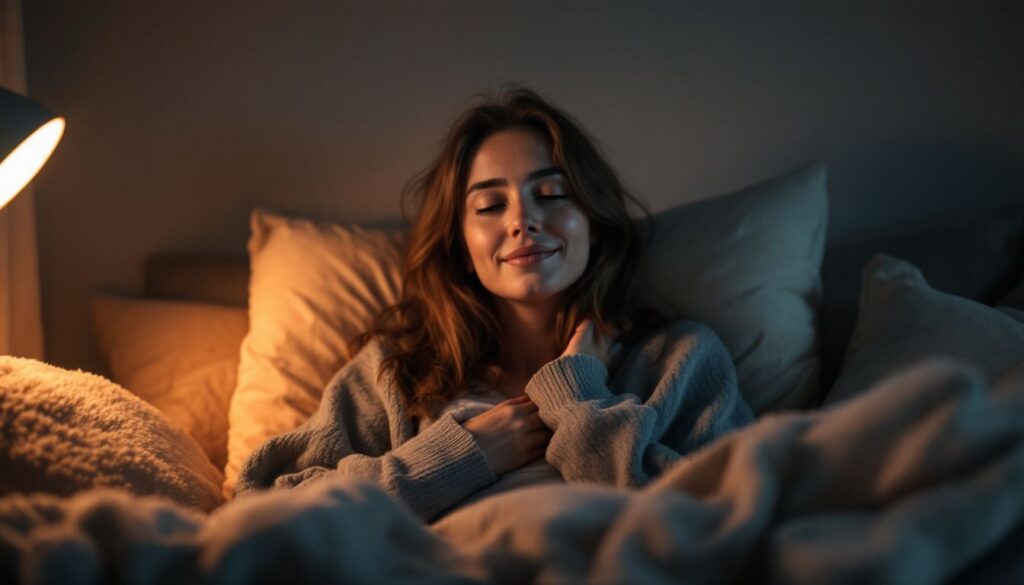 A woman practices self-hypnosis for relaxation in a cozy, inviting room.